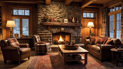 A Cozy Rustic Living Room Featuring a Beautiful Stone Fireplace, Leather Armchairs, and a Wooden Coffee Table. The Warm Lighting and Plaid Blankets Create an Inviting Atmosphere for Relaxation.
