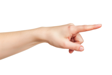 Female hand pointing right on transparent background.