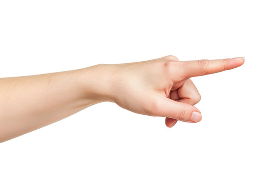 Female hand pointing right on transparent background.