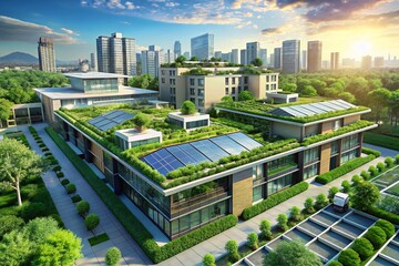 Fototapeta premium Innovative Green Building Development with Solar Panels, Rainwater Harvesting, and Green Roofs for Net Zero Energy