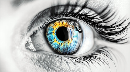 macro photography of a human eye, extreme close-up, vibrant rainbow-colored iris 