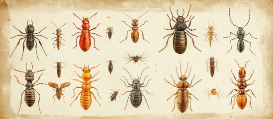Collection of vintage illustrations of various insects on an old paper background.
