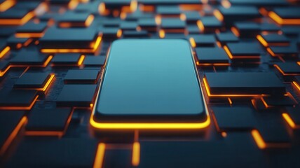 Fototapeta premium smartphone is centrally placed on futuristic background of glowing, interconnected blocks, creating high tech atmosphere. vibrant orange light enhances modern feel of scene