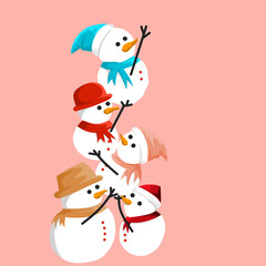 Four cheerful snowmen stack together, each wearing colorful hats and scarves. Their friendly expressions and playful poses radiate warmth against a soft pink backdrop, embodying the joy of winter.