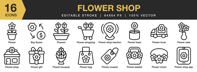 Flower Shop icon set. Editable Stroke Icon Collection. Includes buy flower, bag, bouquet, basket, coupon, crown, and More. Outline icons vector collection.