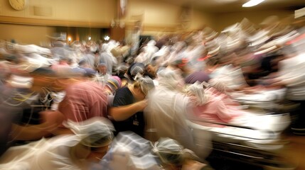 A hospital emergency room is bustling with activity during a hurricane crisis, filled with blurred patients and medical staff in protective gear. hurricane, medical, chaos, emergency,disaster, crisis