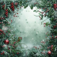 Festive Holly and Evergreen Wreath with Red Berries and Ornaments