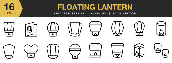 Floating Lantern icon set. Editable Stroke Icon Collection. Includes floating lantern line icons, and More. Outline icons vector collection.