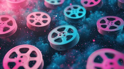 Fototapeta premium Surreal floating film reels in vibrant outer space backdrop create captivating visual experience. colorful reels contrast beautifully against cosmic background, evoking sense of wonder and