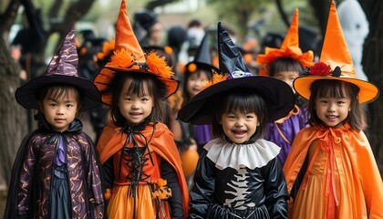 Naklejka premium Colorful Halloween Costumes of Young Children Outdoors