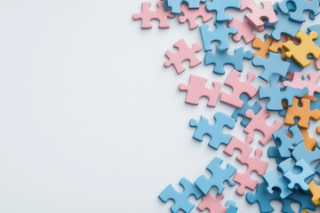 Colorful puzzle pieces scattered on light background create playful and engaging scene. mix of blue, pink, and yellow pieces invites creativity and fun
