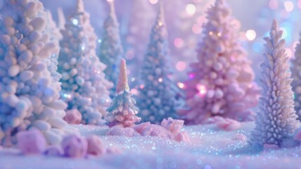 Glittering Miniature Pine Trees in a Snowy Forest