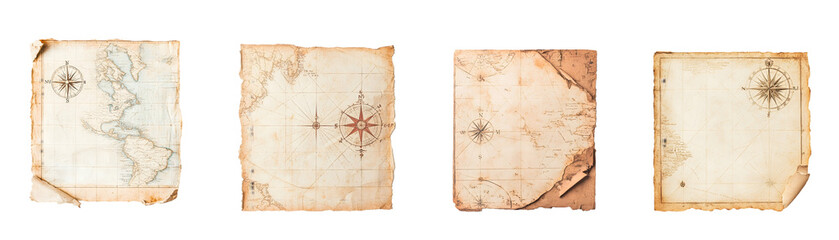 Vintage map collection with ornate compass designs in various orientations.