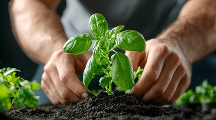 Gardener carefully planting various herb seedlings in a lush backyard garden using organic soil and eco friendly gardening tools promoting sustainable and environmentally friendly practices