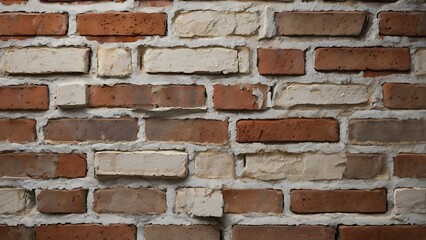 Fototapeta premium Abstract rustic brick wall background with a classic, uneven layout, vary in color, ranging from deep red to light beige, creating a visually textured pattern