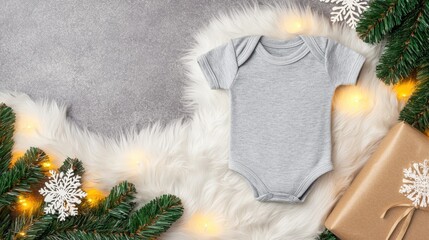 Gray baby onesie on a festive winter background.