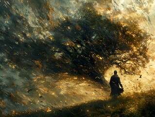Obraz premium Man Standing Under a Tree in a Golden Storm