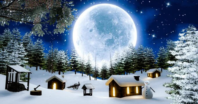 Christmas Eve, Santa Claus gives gifts in the sky with a bright blue Super Full moon on a snowy night. Village in the middle of a pine forest on a mountain, high in snow. 3D Rendering