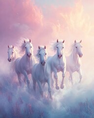 Realistic digital painting of white horses standing together on a cliff