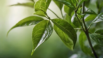 close up photograph of lush green leaves, showcasing a natural and serene style, focused on the leaves, which are prominently displayed in the foreground, with a soft, blurred background 