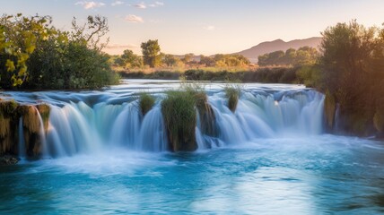 Naklejka premium Waterfall at twilight with warm hues reflecting on clear blue waters