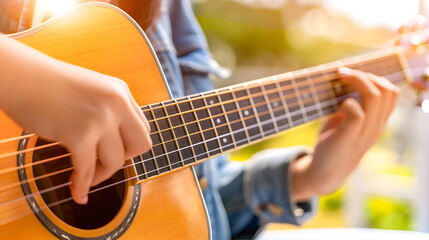 Obraz premium Close-up of a Guitarist's Hands: A detail shot of someone playing an acoustic guitar, capturing the movement of fingers on the fretboard as they create music.