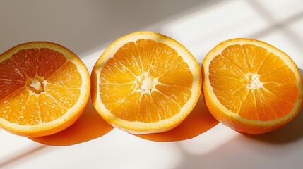 Three halves of vibrant orange fruits are displayed in natural light, accentuating their juicy segments and creating a fresh and inviting visual experience for the viewer.