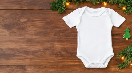 White baby onesie on a wooden background with holiday decorations.