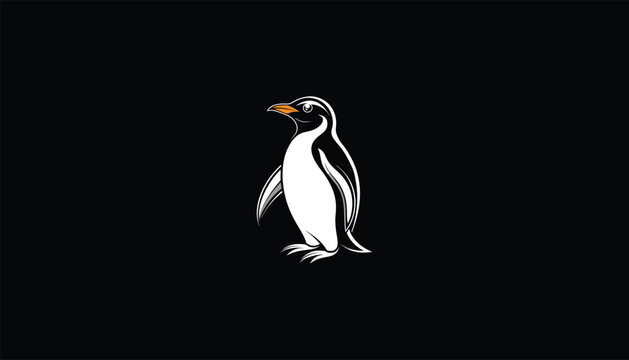 recommend clip art: Royal Penguin Image, Circle Design, Black Background, White Outline, Unique Penguin Illustration
