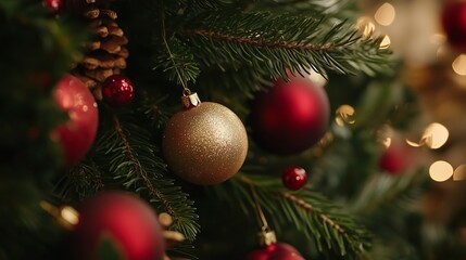 Elegant Christmas Ornaments on a Beautiful Pine Tree