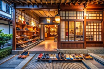 Japanese Wooden Geta Shoes Display in Traditional Store