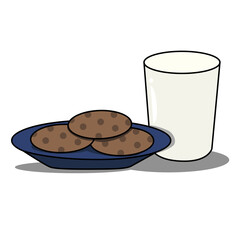 Glass of milk and Plate of Chocolate Cookies. Winter Holiday Seasonal Snacks, Vector Illustration