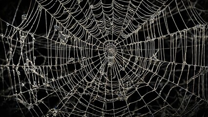 Abstract digital illustration featuring a pattern of intricate spider webs against a textured black background