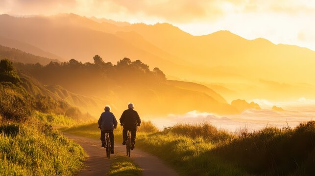 An elderly couple rides bicycles along a scenic coastal path, bathed in the golden light of sunrise, enjoying nature and tranquility.