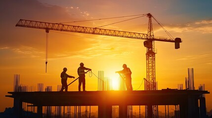 Aerial View of High Rise Construction Silhouettes at Sunset