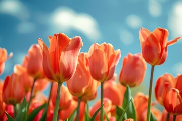 A field of orange tulips with a blue sky in the background
