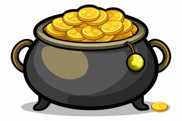 A clay cauldron with gold coins is isolated