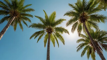 landscape photograph featuring a group of tall palm trees set against a clear, pale blue sky capturing the trees from a low angle, emphasizing their height and slender trunks