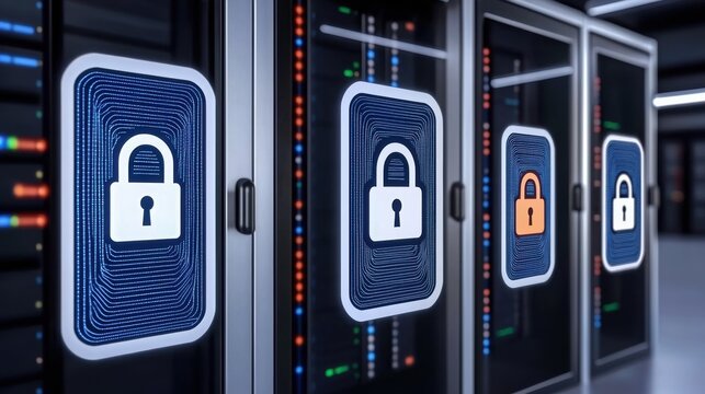 Modern data center with secure servers featuring padlock symbols, representing data protection and cybersecurity innovations.