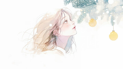 美しい女性とクリスマスツリー