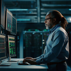 データセンターでシステムを監視する熟練のエンジニア