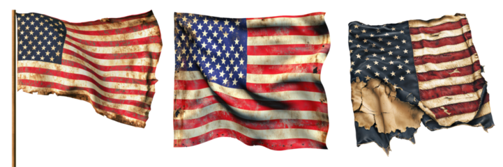 Three American flags show varying degrees of wear, symbolizing resilience and the passage of time.