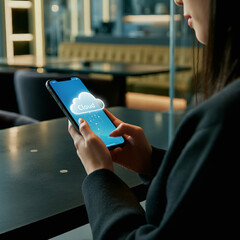 カフェでクラウドサービスを操作する女性