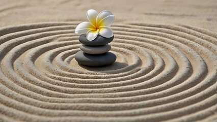 Naklejka premium Serene and minimalist style, showcasing a Zen garden layout with stack of smooth, rounded stones in the center carefully balanced, with varying shades of gray and one white stone