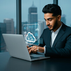 クラウドデータ転送作業を行うビジネスパーソン