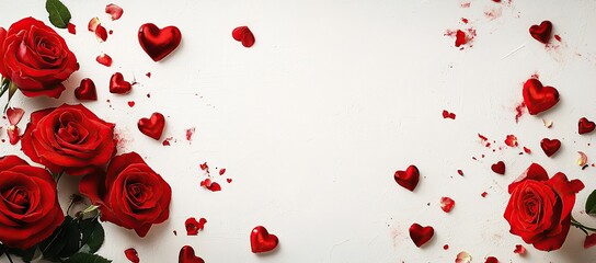 The background is white, with red roses and small hearts scattered across it