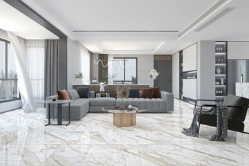 Minimal style Modern living room with blank white wall, The Rooms white marble floor, decorated with wooden furniture, there are large open sliding door Overlooking nature view. 3D Rendering