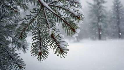 close up landscape view of a snow covered pine branch, horizontally oriented on a blurry snowy theme background