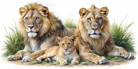Lions Family Resting in Low Light - African Wildlife Watercolor Art