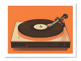 Fototapeta premium Vintage Vinyl: Retro Record Player in Classic Poster Style – Music Nostalgia, 1970s Aesthetic, Warm Orange and Brown Palette, UHD Image